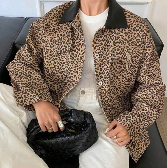 Leopard Print Patchwork Pu Collar Long Sleeve Pocket Women Jacket - Picture 4 of 8